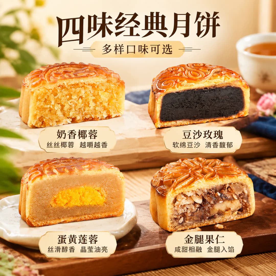 四味经典月饼主图:四款口味剖面总览