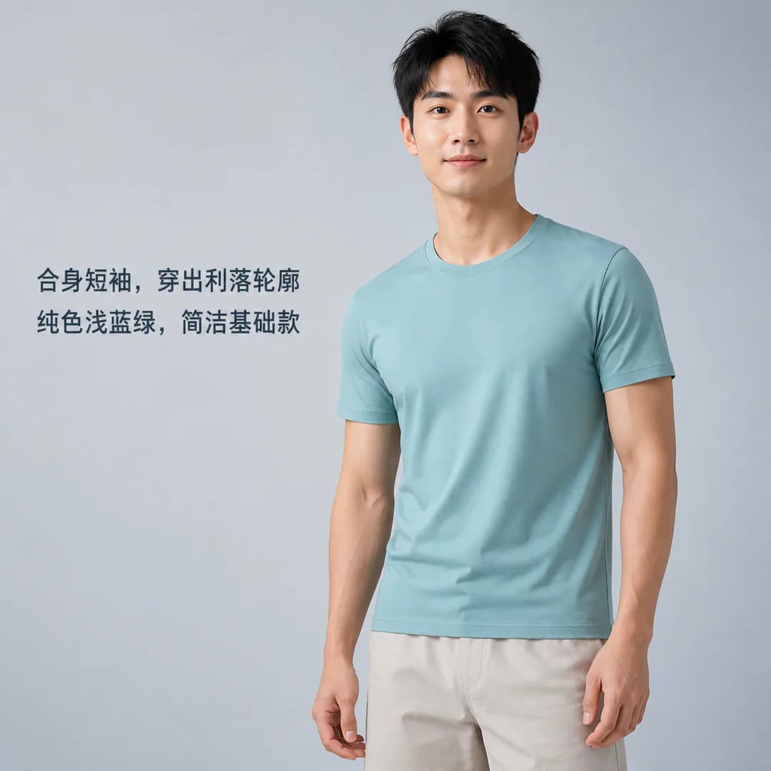 AI 生成的冰感棉质 T 恤主图:合身短袖与浅蓝绿色外观